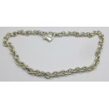 A silver neck chain with heart shaped fastener, 87g, 46.5cm