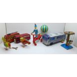 Tin-plate toys including Wells-Brimtoy London trolley bus, a/f, Greyhound coach, etc. (8)