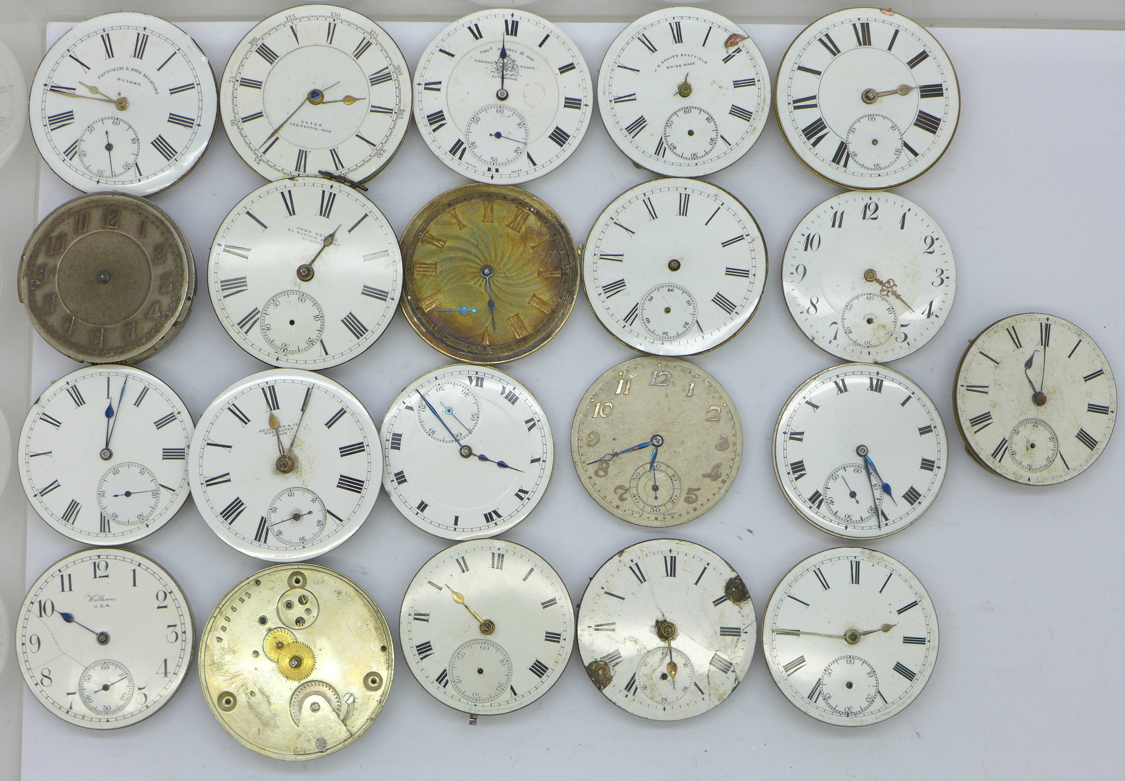 Twenty-one pocket watch movements, Waltham, Thomas Russell, Swiss lever, fusee, etc., a/f