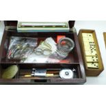 A Victorian work box, a/f, a lighter, dominoes, drawing instruments, pens, harmonica, silver
