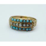 A Victorian yellow metal set pearl and turquoise ring, tests as 9ct gold, 1.9g, N, (worn/partial