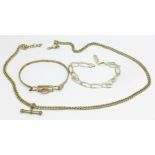 A silver bracelet, a white metal bangle and a plated chain with T-bar, (chain fastener a/f)