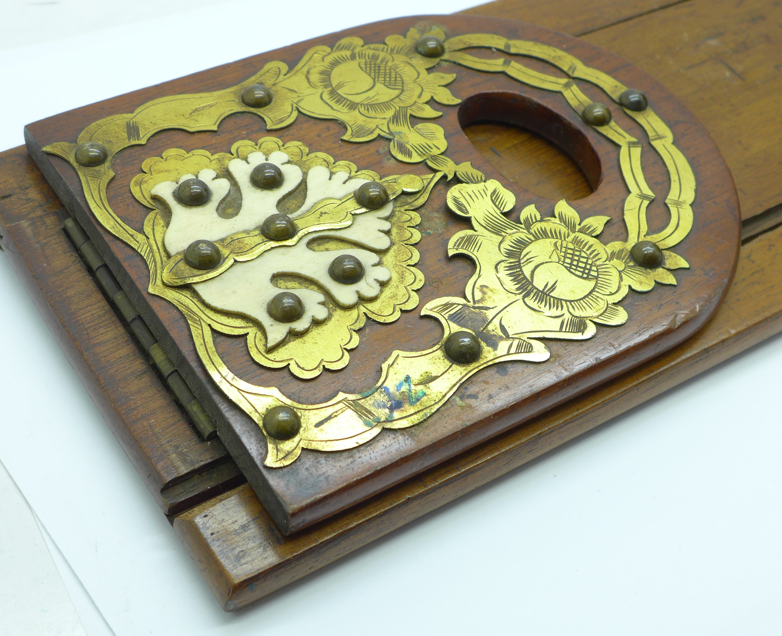 A Victorian bookslide with brass and bone applied decoration - Image 2 of 4