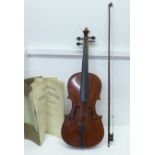 A Maidstone John G Murdoch & Co. violin and bow, cased, length of back excluding button 36.5cm