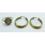 A 9ct gold and diamond cluster ring, 1.9g, Q, and a pair of 9ct gold earrings, 1.5g, (earrings