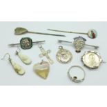 Silver jewellery including a Military Police brooch, a silver RAF ring, a base metal set enamelled