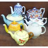 Six tea pots including Shelley, (chip to spout), Susie Cooper and a Spode coffee pot, (yellow teapot