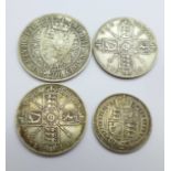 An 1896 half crown, an 1888 shilling and two florins, 1915 and 1918