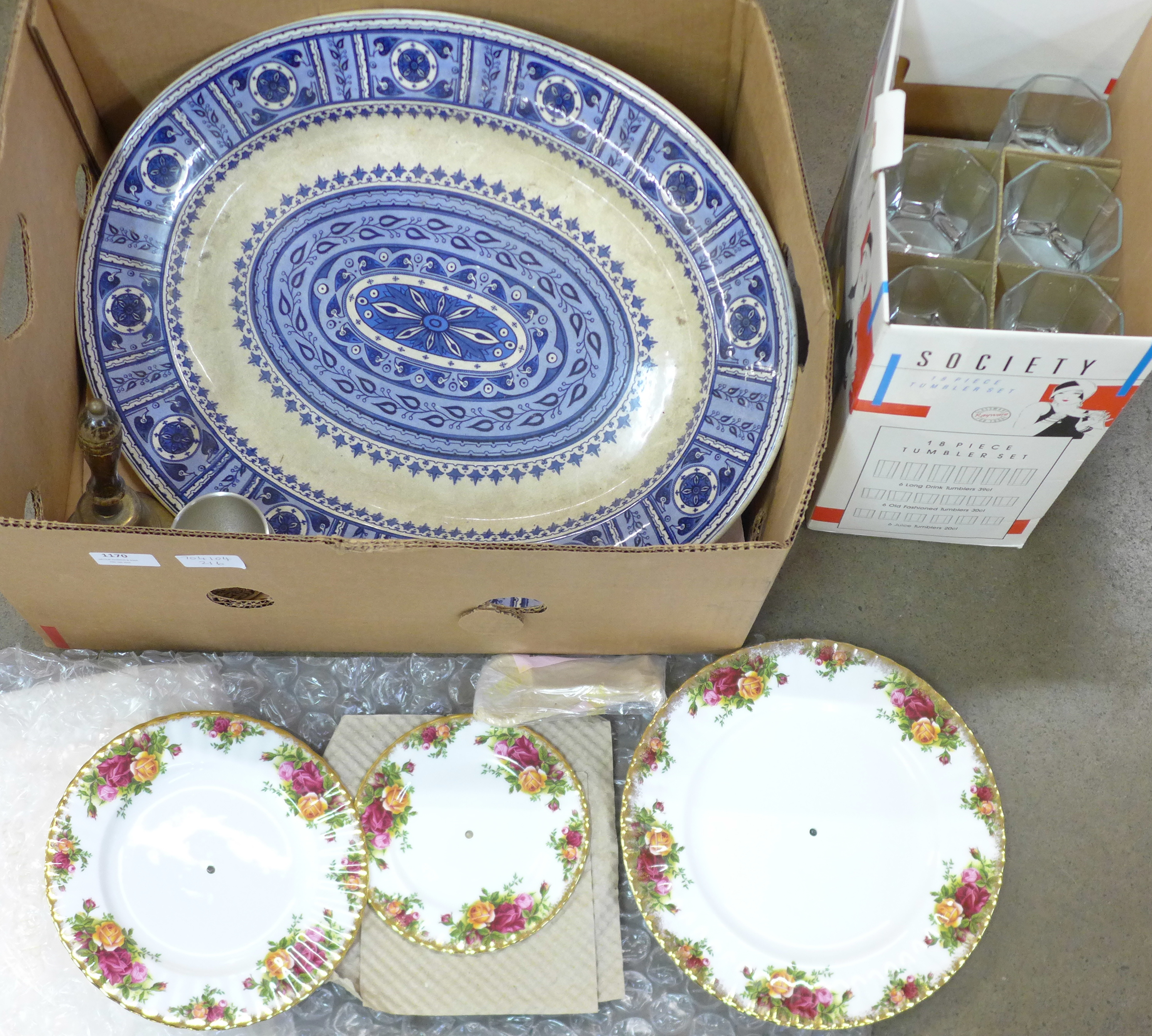 A Royal Albert Old Country Roses three-tier cake stand, boxed, a BG&W blue and white meat plate, a