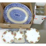 A Royal Albert Old Country Roses three-tier cake stand, boxed, a BG&W blue and white meat plate, a