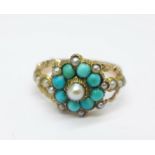 A Victorian yellow metal set, turquoise and pearl cluster ring, 2.1g, J, tests as 9ct gold