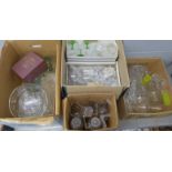 Five boxes of glass including decanters, wine glasses, bowls, dishes, jugs, vases, other drinking