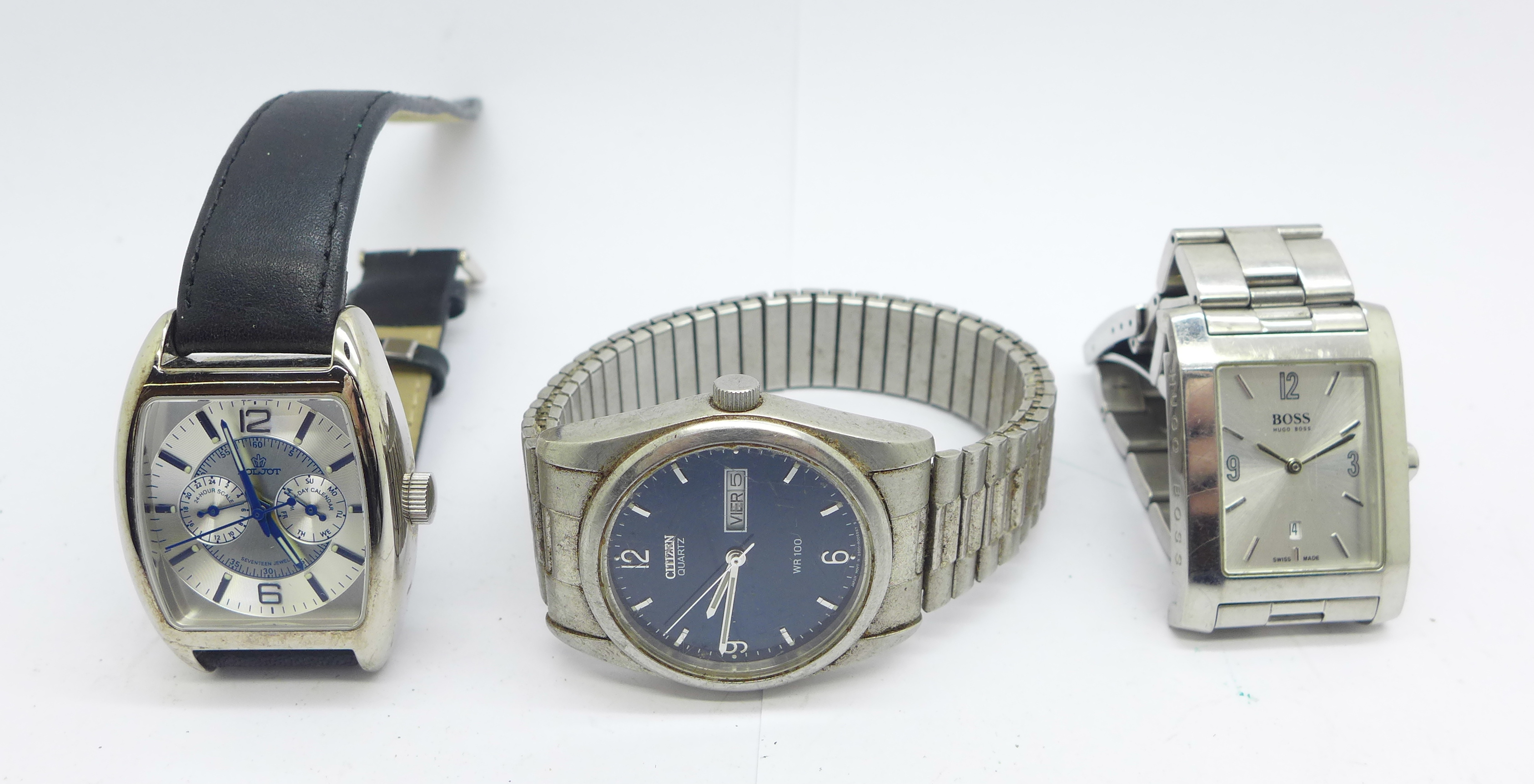 Three wristwatches, Citizen WR100, Poljot and Hugo Boss