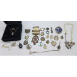 Five silver heart shaped lockets and a pair of miniature Victorian boots, other silver items