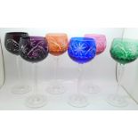 A set of six coloured hock glasses, one a/f