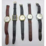 Five wristwatches, Technos, Curtis and 3x Sekonda