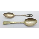 A silver souvenir spoon, Te Ratanpuno (Chile) and a hammered silver teaspoon, London 1915, 43g gross