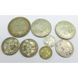 Six 1920 and 1947 silver coins, a George IV shilling, a/f, and a pre 1920 3d coin