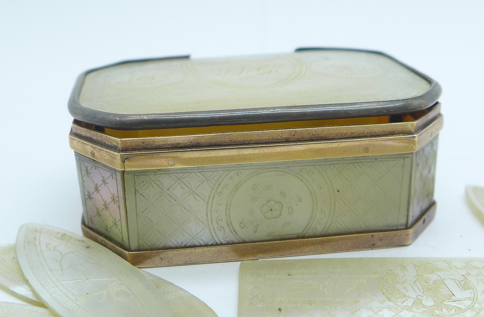 A 19th Century yellow metal mounted box, the lid re-mounted in white metal, rim a/f, with a - Image 2 of 6