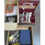 A box of stainless steel and plated cutlery, including Pinro fish knife and fork set, a canteen of
