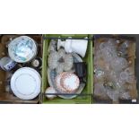 Three boxes of china, glass and silver plate, four decanters, wines, sugar shakers, and Allertons