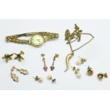 A lady's 9ct gold cased wristwatch, a 9ct gold pendant on a plated chain and six pairs of