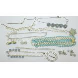 Costume jewellery including paste set, (diamante bracelet requires fastener)