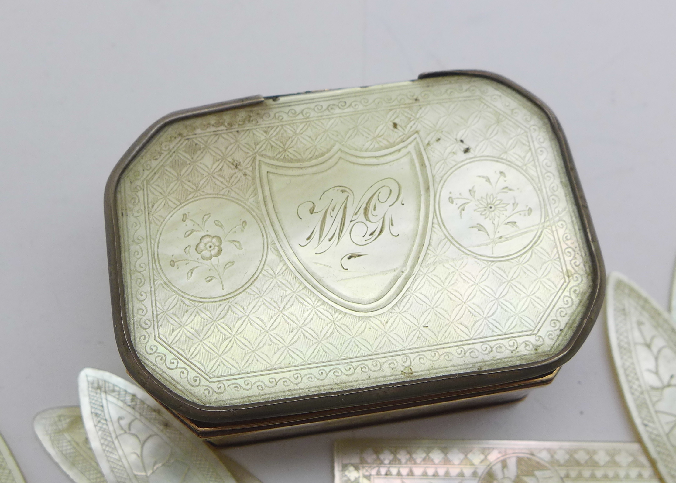 A 19th Century yellow metal mounted box, the lid re-mounted in white metal, rim a/f, with a - Image 3 of 6