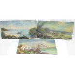 Three rectangular oils on board, each with a coastal view, unsigned, 20cm x 10.5cm