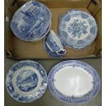 A box of blue and white china, including commemorative plates, Nottingham Willow plate, Ringtons