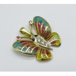 A 14kt gold, plique-a-jour butterfly pendant set with diamonds, 3.9g