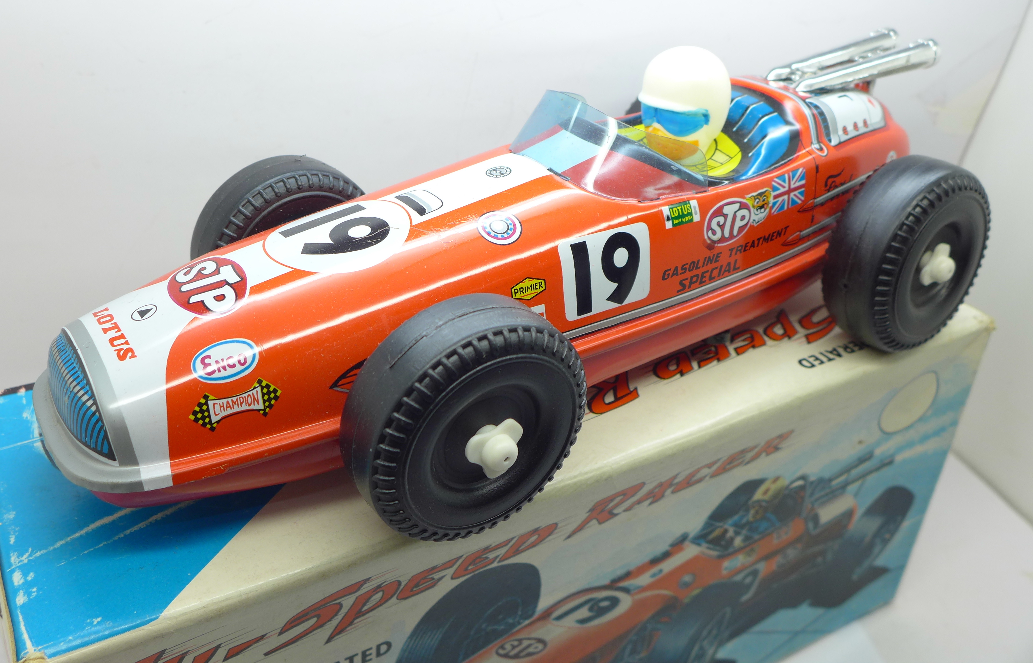 A 1960's tin-plate Japanese racing car, Hi-Speed Racer, 30cm, scratch on the bonnet, boxed - Image 2 of 6