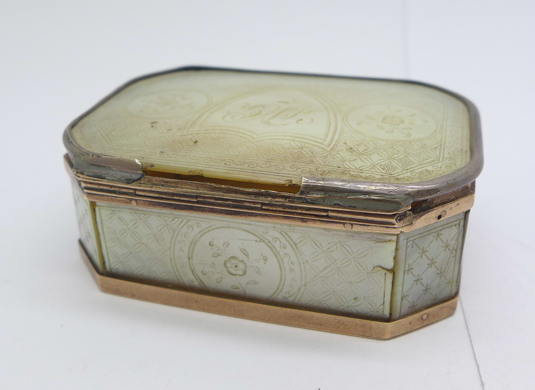 A 19th Century yellow metal mounted box, the lid re-mounted in white metal, rim a/f, with a - Image 4 of 6