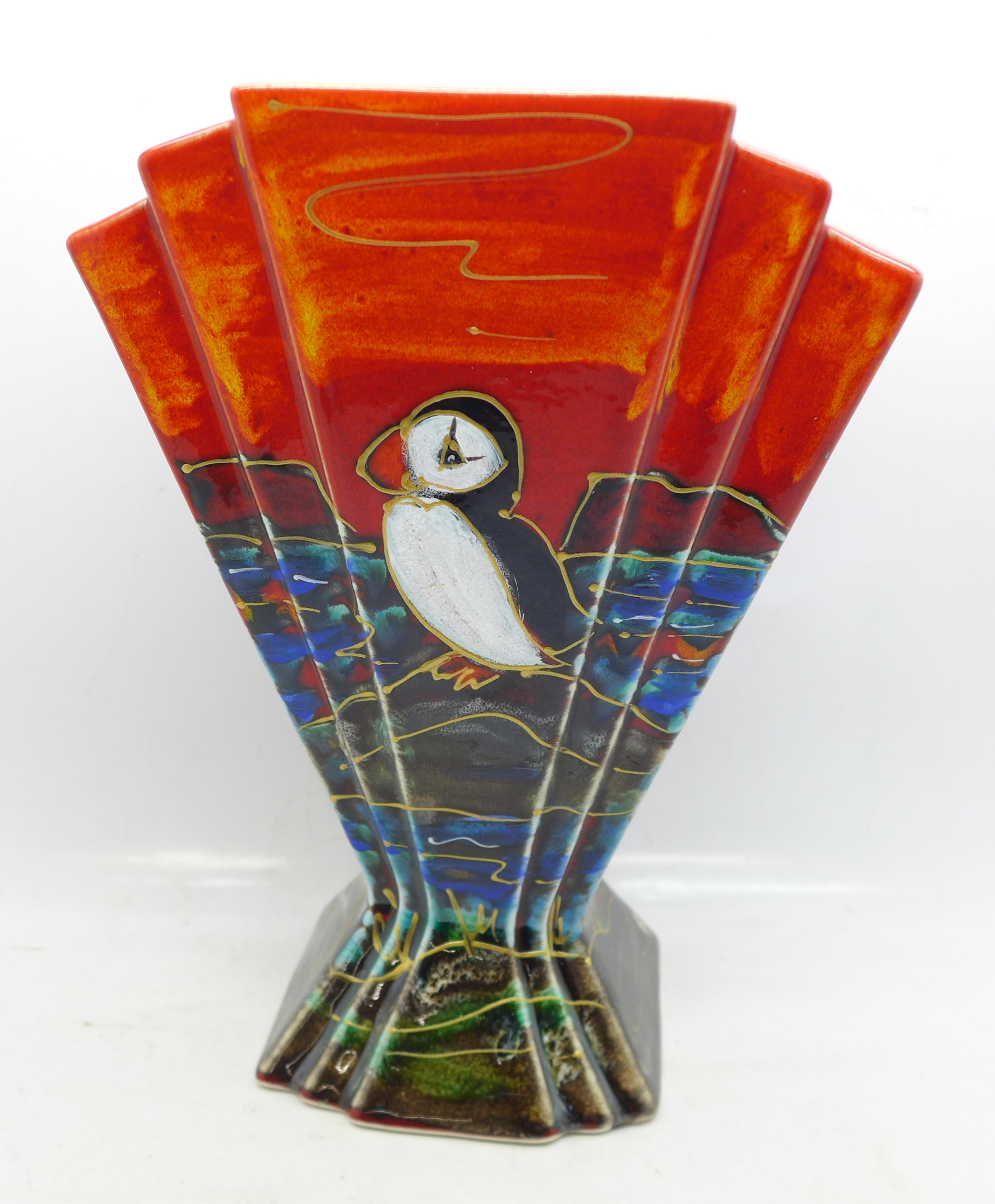 An Anita Harris Art Deco fan shape vase, Puffin design, 22cm, signed in gold on the base