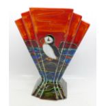 An Anita Harris Art Deco fan shape vase, Puffin design, 22cm, signed in gold on the base