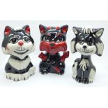 Three Lorna Bailey cat figures, Tex the Cat, 12.5cm, Doza the Cat, 13.5cm and Mephisto Devil Cat,