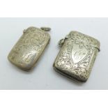 Two silver vesta cases, Birmingham 1898, with later inscription and Birmingham 1902, with initials