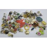 Vintage clip-on earrings, over forty costume rings and assorted brooches