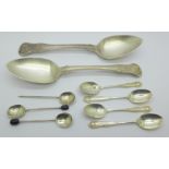 Two George III silver spoons, London 1807 and 1810, four silver coffee spoons and three silver