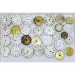 Twenty-six pocket watch movements, Waltham, fusee, fob watch movements and two pendant watches