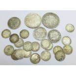 Nineteen Victorian 3d coins, various dates, a 1916 Australian shilling, two Victorian shillings,
