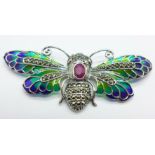 A silver plique-a-jour insect brooch, 74mm