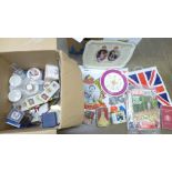 A collection of British Royal memorabilia; mugs, plates, tins, a TSB plastic money box, a bottle