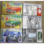 Three Tamiya model kits, Austin Mini Cooper 1275 Mk.1, Morris Mini Cooper 1275S Mk.1 and Morris Mini