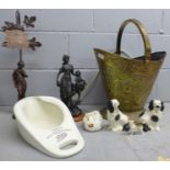 A brass coal scuttle, a pair of Beswick spaniels, a Minton lidded pot, Beswick hound, figural