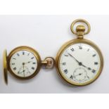 A gold plated top-wind pocket watch and a gold plated full-hunter fob watch with monogram