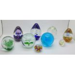 Nine glass paperweights including Millefiori