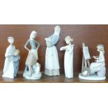Five Lladro figures, Girl with Milk Pail, model no. 4682 by Vicente Martinez, 23.5cm, Girl with