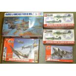 Five model kits, Tamiya Avro Lancaster B Mk.I/III, four Airfix aircraft including Operation Torch,