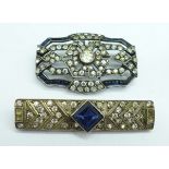 Two paste set Art Deco brooches, both test as silver, (one with four square blue stones replaced